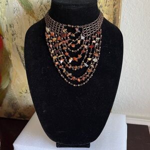 Boho Multi-Layer Gemstone Bib Necklace – Earth Tone Chip Stones & Bronze Chain